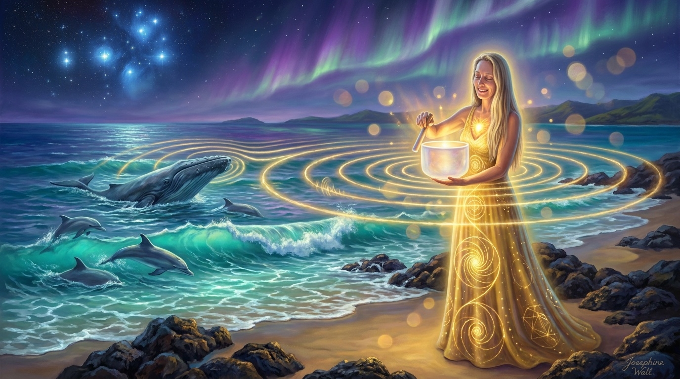 Rose playing a crystal singing bowl on a Hawaiian beach beneath the aurora, with a breaching whale and dolphins in bioluminescent surf